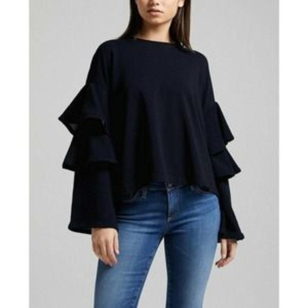 Adriano Goldschmeid Pearl Ruffle Sweatshirt Cutout Back Indigo Blue Sz L